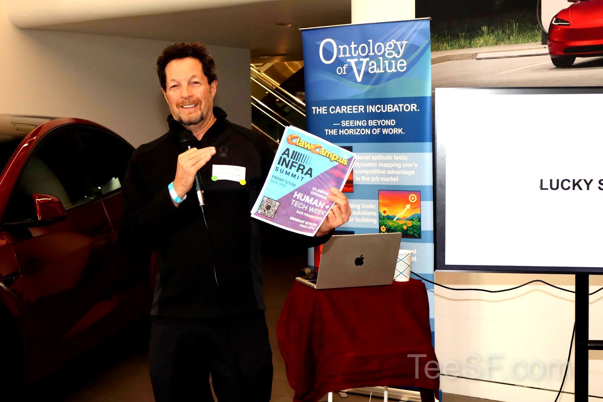 A photo from a pitch night event at Tesla in San Francisco.